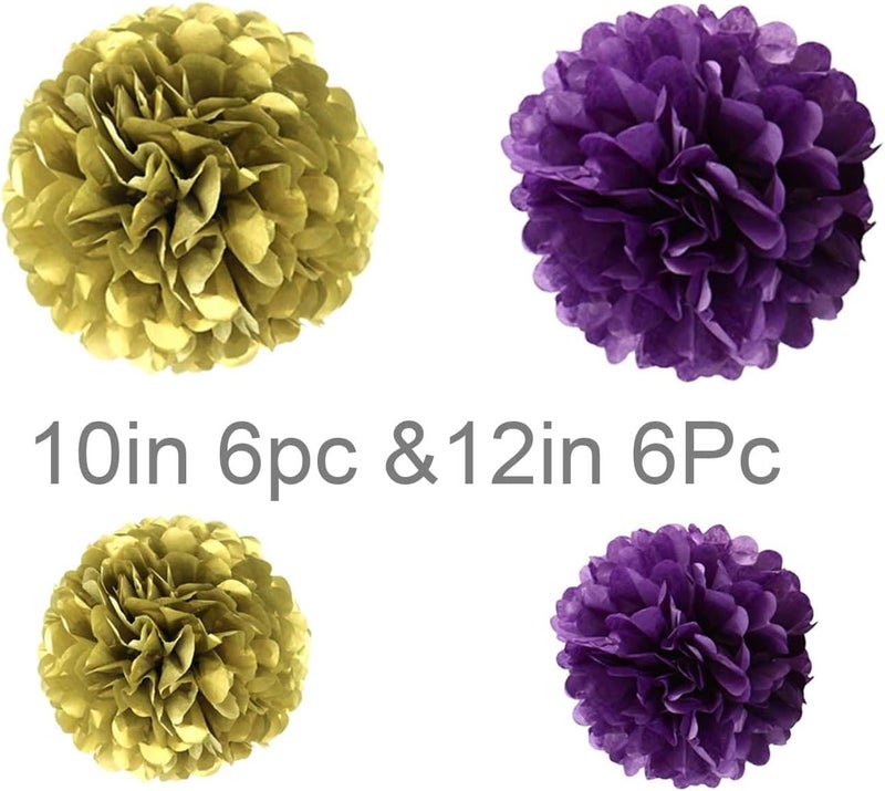 YESON Purple and Gold Tissue Paper Pom Poms Hanging Tissue Flowers Poms Decorations Pack of 12 for Wedding, Birthday,Party Backdrop Decor ect. (12", 10",Tissue Paper Flowers) - Image 2